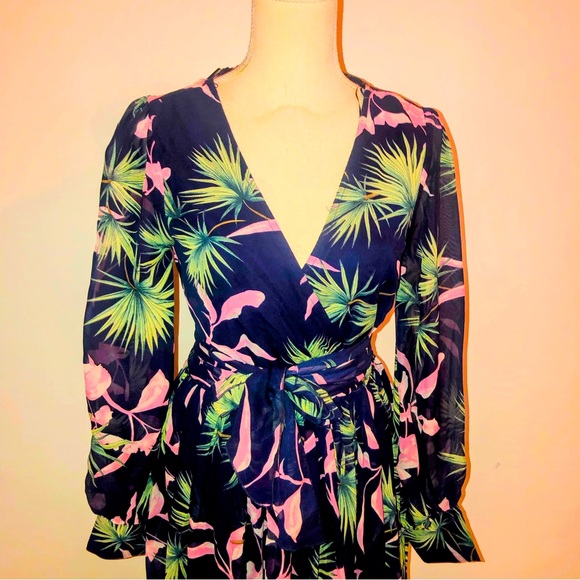 Blue Pink & Green Tropical Print, Faux Wrap, Long Sleeve, Maxi Dress - Picture 6 of 16